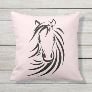 Coussin D'extérieur Tête de cheval noire sur le rose