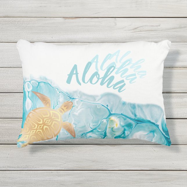 Coussin D'extérieur Tortues d'or Encre bleue Aloha Texte (Devant)