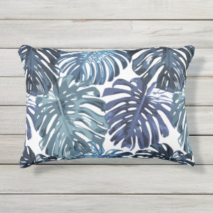 Coussin D'extérieur Tropical Bleu Blanc Monstera Feuilles Modèle
