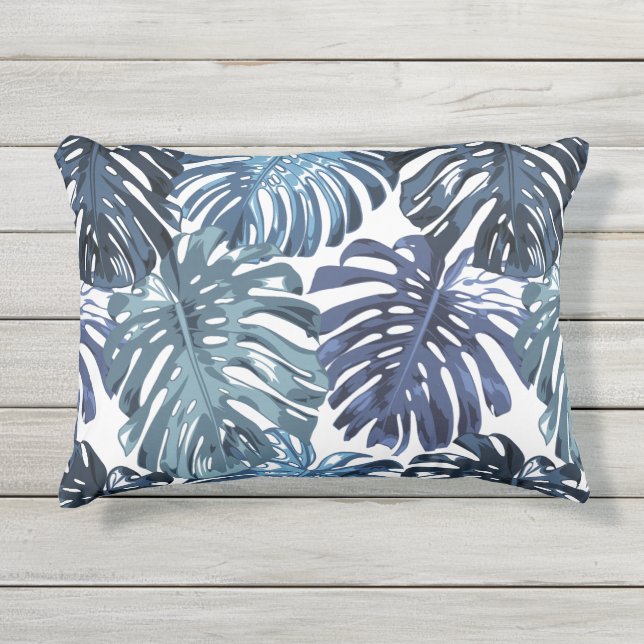 Coussin D'extérieur Tropical Bleu Blanc Monstera Feuilles Modèle (Devant)