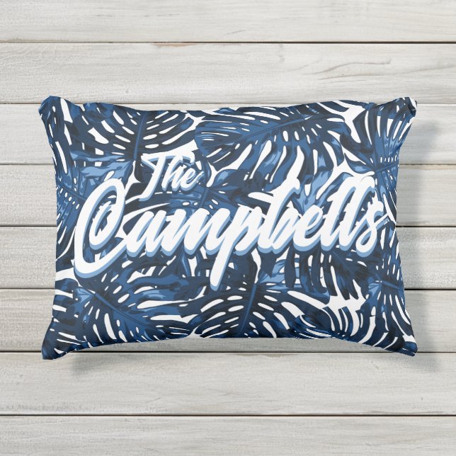 Coussin D'extérieur Tropical Feuille Beach Marine White Nom de famille (Devant)