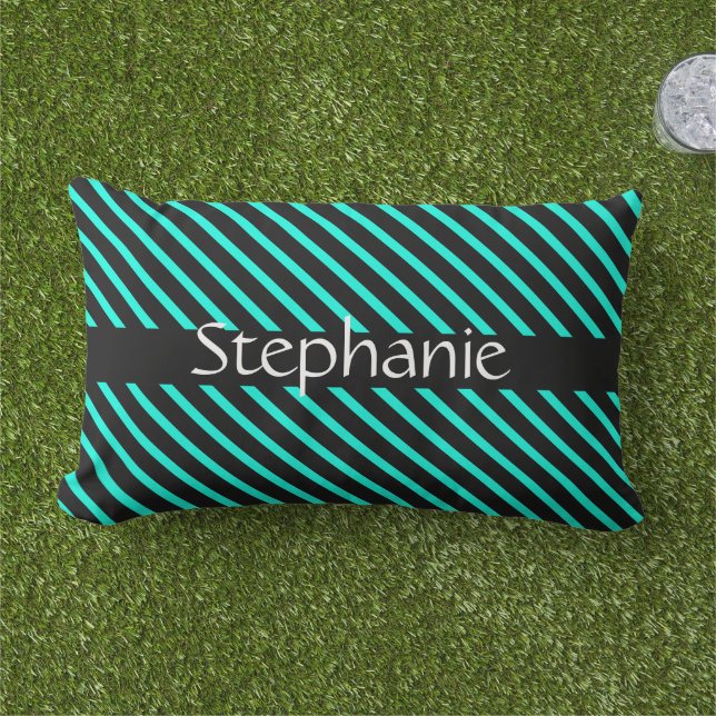 Coussin D'extérieur Turquoise Bleu Noir Blanc Personnalisé Nom Stripes (Herbe)
