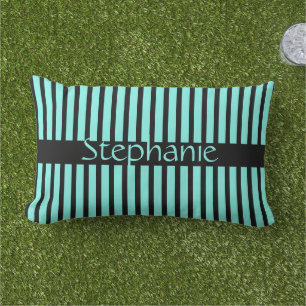 Coussin D'extérieur Turquoise Bleu Noir Personnalisé Nom Stripes Cadea
