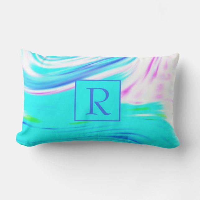 Coussin D'extérieur Turquoise Bleu Rose Blanc Abstrait Vagues Monogram (Recto)