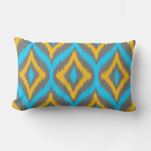 Coussin D'extérieur Turquoise & Jaune & Gris Quatrefoil Ikat Motif