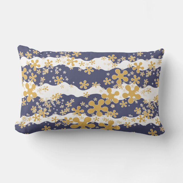 Coussin D'extérieur Vagues, bleu marine, jaune moutarde, blanc, fleur (Recto)