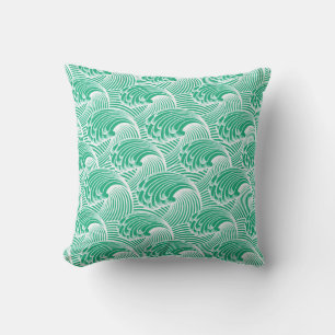 Coussin D'extérieur Vagues japonaises vintages, Jade Green et White
