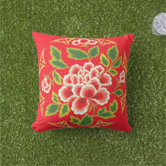 Coussin D'extérieur Vintage japonais Floral Rouge Vert Or