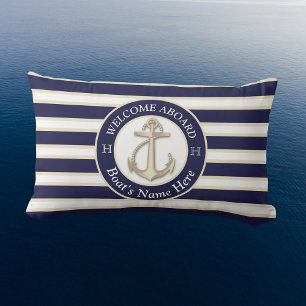 Coussin D'extérieur White Navy Blue Stripe Nom du bateau Ancre Bienven