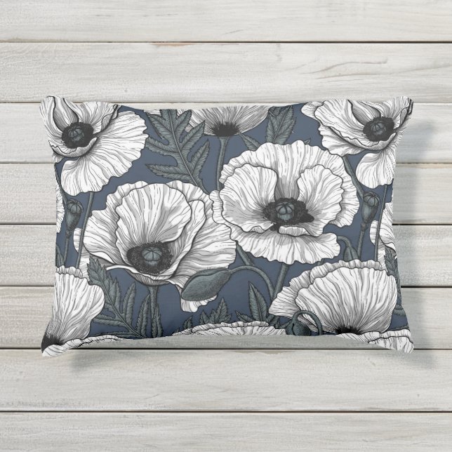 Coussin D'extérieur White poppies on navy (Devant)
