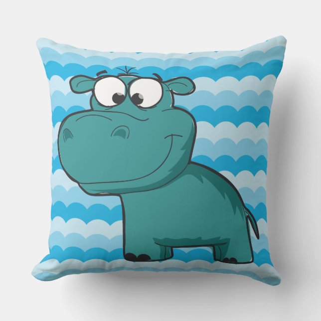 Coussin D'extérieur Zoo Animaux Caricature Hippo bleu Hippopotame (Recto)