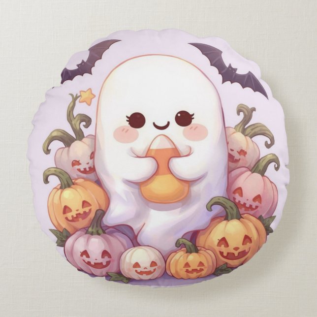 Coussin d'Halloween Fantôme rond - Décor Éffrayant (Devant)
