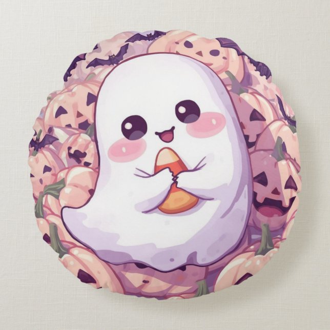 Coussin d'Halloween Fantôme rond - Décor Éffrayant (Devant)