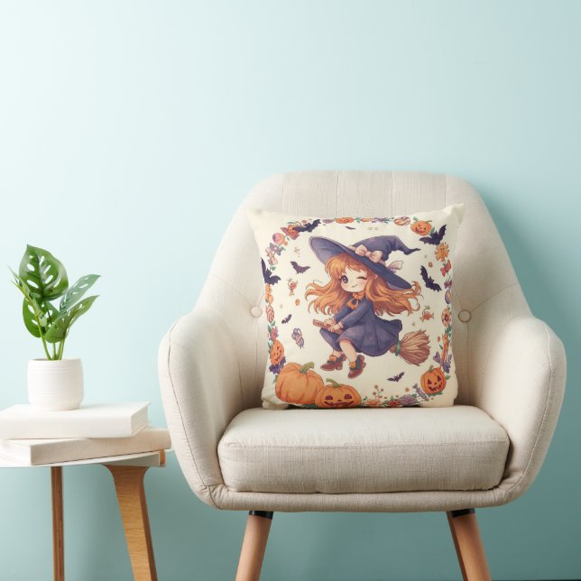 Coussin d'Halloween sorcière mignonne avec citroui (Chaise)