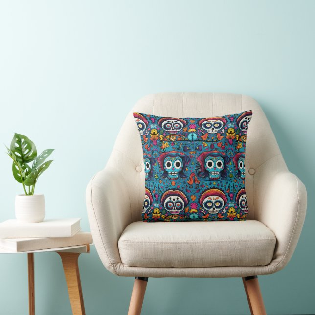 Coussin Dia de Muertos, motif de crânes de sucre bleu (Chaise)