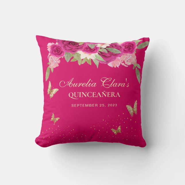Coussin Diadème Papillon Fleur Rose Or Quinceanera (Recto)