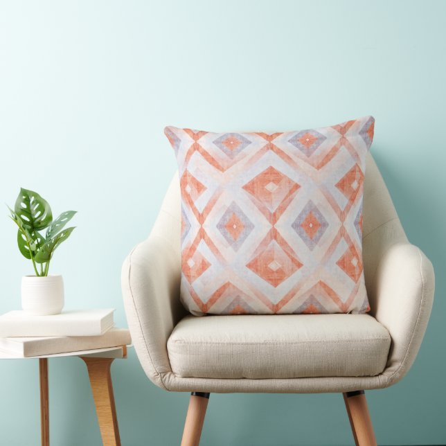 Coussin Diamant Géométrique Rustique en Terracotta et Bleu (Chaise)