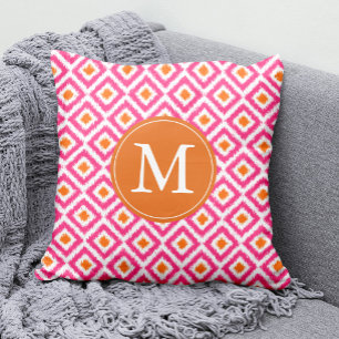 Coussin Diamants de tangerine rose monogramme Motif Ikat