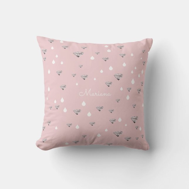 Coussin diamants gouttes de pluie dispersées sur rose pers (Recto)