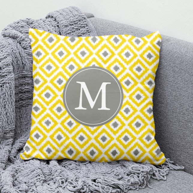 Coussin Diamants gris jaune monogramme Motif Ikat (Créateur téléchargé)
