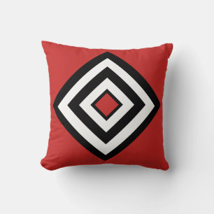 Coussin Diamants noirs et blancs abstraits sur fond rouge 