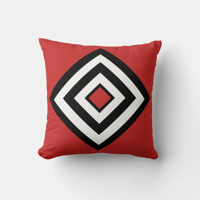 Coussin Diamants noirs et blancs abstraits sur fond rouge  (Recto)