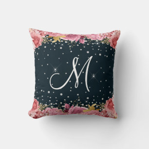 Coussin diamants roses rose monogramme sophistiqué