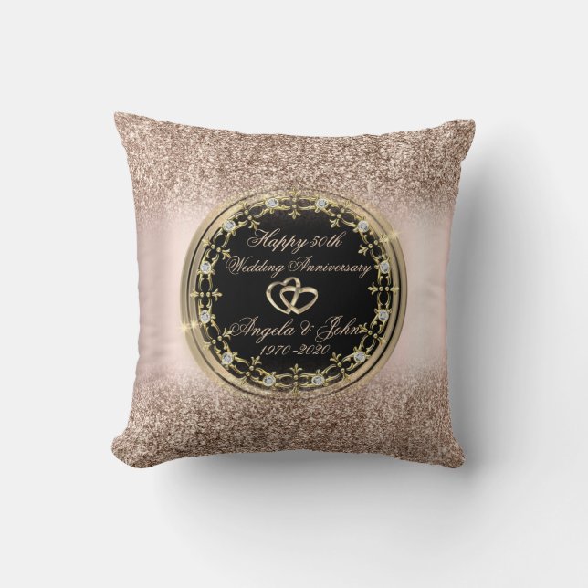 Coussin DiamantsCœurs Rose Or Paillettes 50e Anniversaire (Recto)