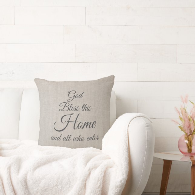 Coussin Dieu bénisse cette maison, écriture élégante  (Canapé)