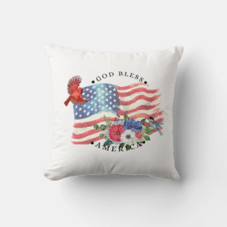 Coussin Dieu bénisse l'Amérique Aquarelle Drapeau/Fleurs/O
