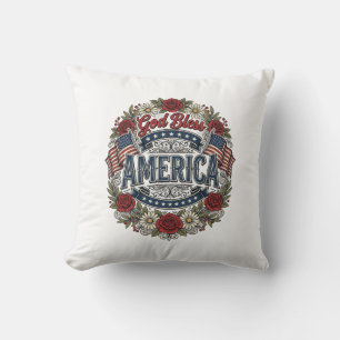 Coussin Dieu Bénisse l'Amérique Floral Patriotique Vintage