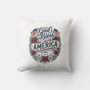 Coussin Dieu Bénisse l'Amérique Floral Patriotique Vintage