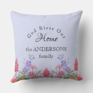 Coussin Dieu bénisse notre maison Bleu Fleur sauvage Nom d