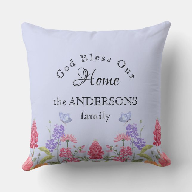 Coussin Dieu bénisse notre maison Bleu Fleur sauvage Nom d (Verso)
