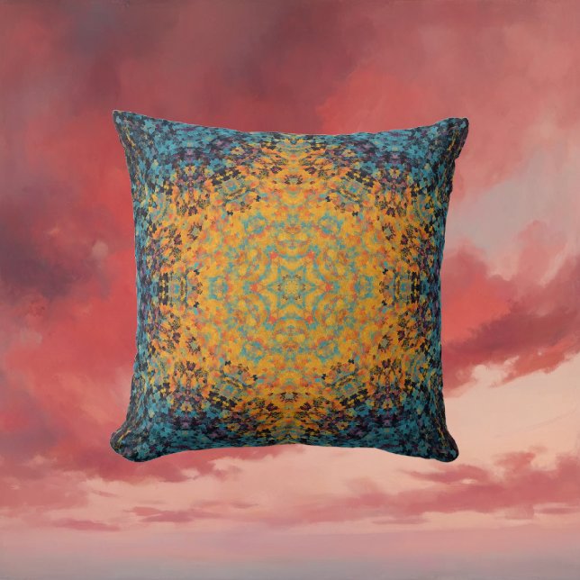 Coussin Digital Mandala jaune bleu et rouge (Yellow Blue and Red Digital Mandala Throw Pillow by Wormhole Orbital)