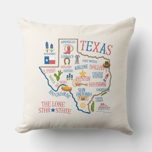 Coussin d'illustration de l'état du Texas - Crème (Recto)