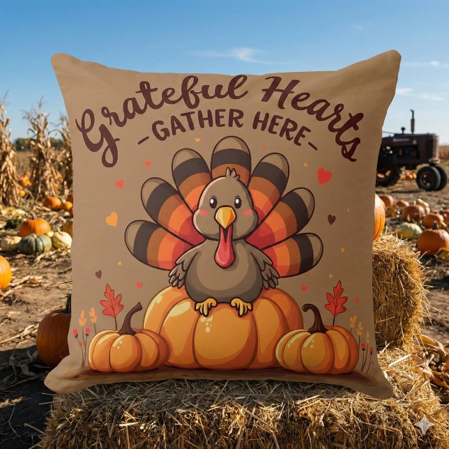 Coussin Dinde de Thanksgiving à cœurs reconnaissants (Grateful Hearts Thanksgiving Turkey Throw Pillow Mockup D)