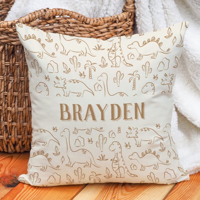 Coussin Dinosaur Boho Boy Name Dino Cute Beige Brown Tan (Créateur téléchargé)