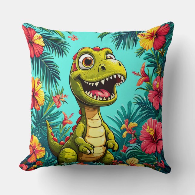 Coussin Dinosaur Cartoon Joyeux Avec Fleurs Tropicales (Recto)