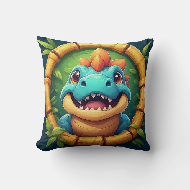 Coussin Dinosaur de dessin animé joyeux dans un cadre en b (Recto)
