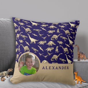 Coussin Dinosaur Photo personnalisée et nom bleu