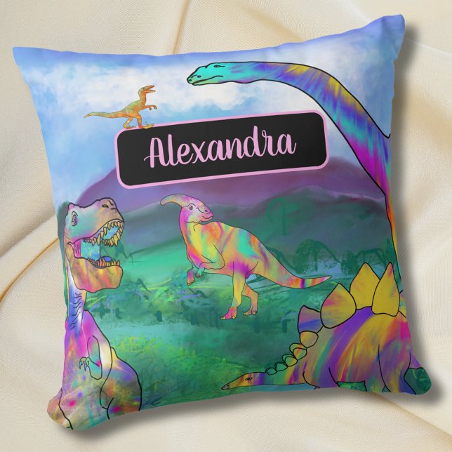 Coussin Dinosaure coloré Nom personnalisé (Colorful dinosaurs personalized girls name bedroom decor Cute dino kids custom bedroom home decor )