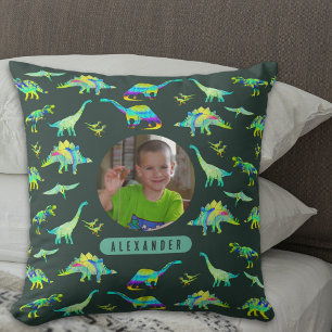 Coussin Dinosaure Coloré Personnalisé Photo et Nom de Garç