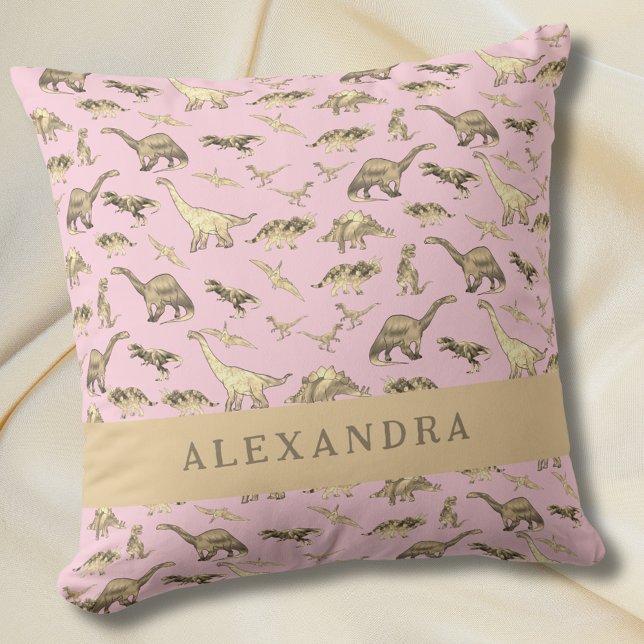 Coussin Dinosaure Cute Nom Personnalisé Rose (Cute dinosaur personalized name baby girls pink pillow)