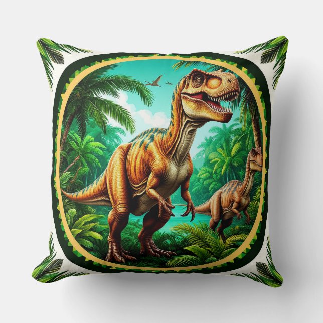 Coussin Dinosaure dans une jungle préhistorique luxuriante (Recto)