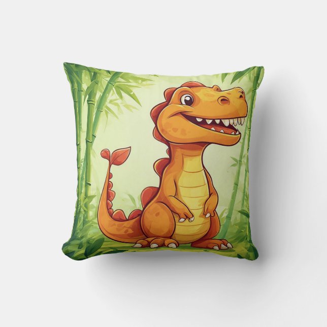 Coussin Dinosaure de dessin animé dans une forêt de bambou (Recto)
