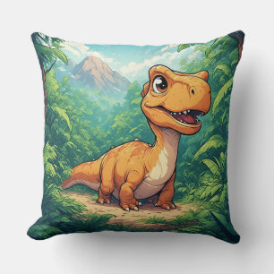 Coussin Dinosaure de dessin animé explorant une jungle tro