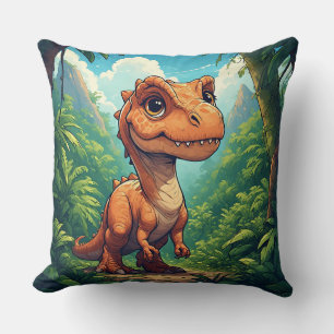 Coussin Dinosaure de dessin animé explorant une jungle tro