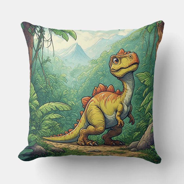 Coussin Dinosaure de dessin animé explorant une jungle tro (Recto)