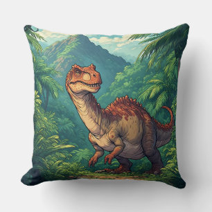 Coussin Dinosaure de dessin animé explorant une jungle tro